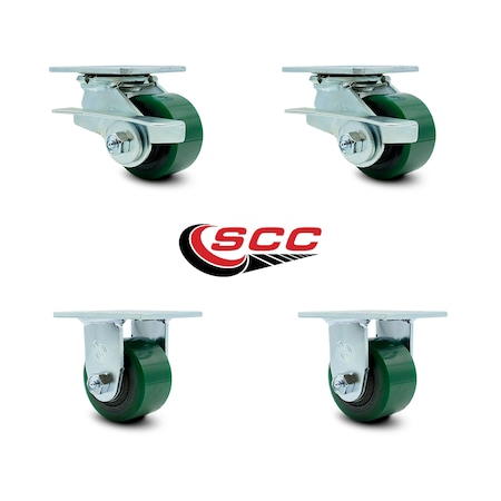 Service Caster 3.25 Inch Green Poly on Steel Caster Set with Ball Bearing 4 Brake 2 Swivel Lock SCC-30CS3420-PUB-GB-SLB-2-R3420-2
